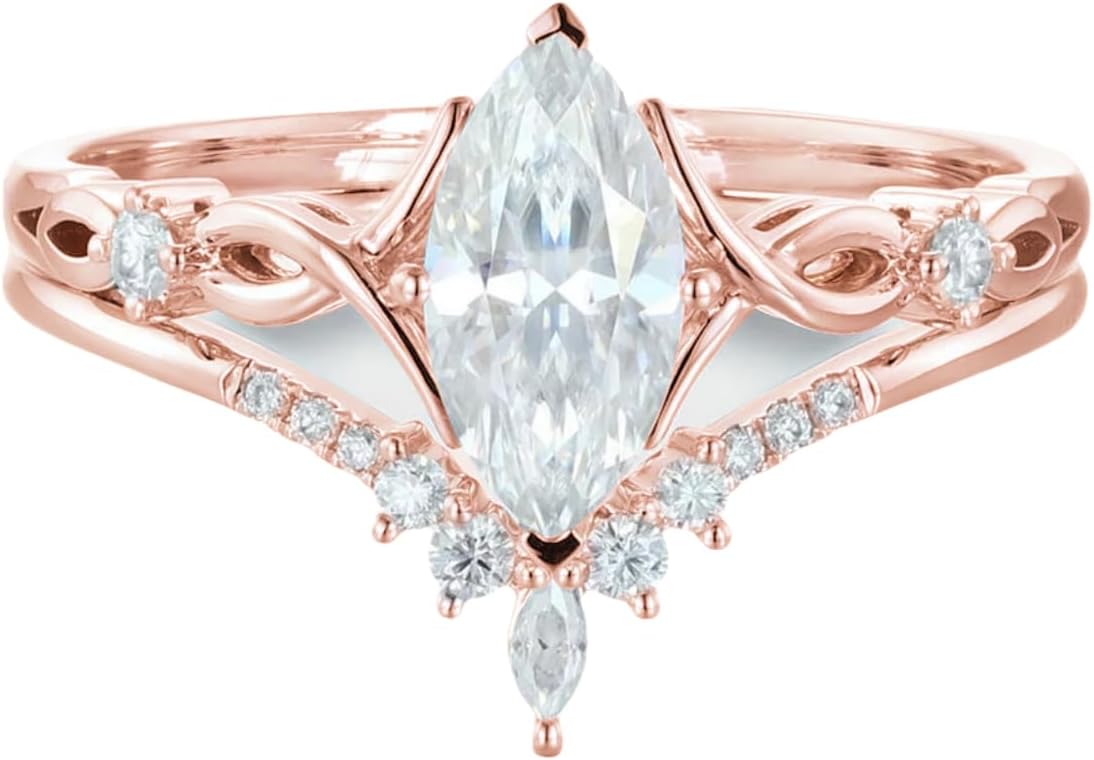 Gemstone Engagement Ring Set for Women - 1ct Marquise Cut Bridal Sets Wedding Band for Her - Anniversary Promise Rings