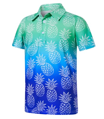westwolf Boys Polo Shirt Hawaiian Pineapple Fashion Blue Gradient Stripes Golf Short Sleeve Size 13 14 Kids Cool School Uniform Active Clothes