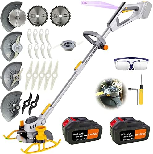 Electric Weed Eater, (2 x 21V 4.0A Weed Wacker Battery Powered), 3-in-1 Cordless Grass Trimmer/Edger Lawn Tool/Brush Cutter, with 4 Types Blades, for Garden and Yard (D Type Handle)