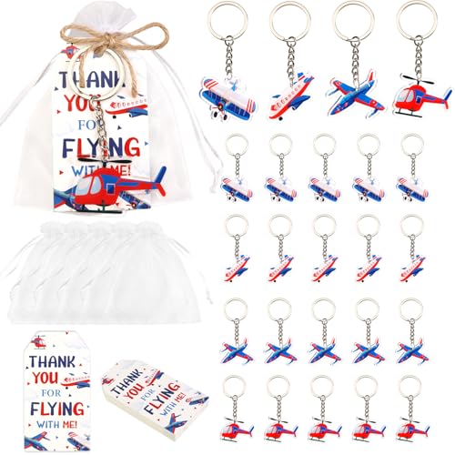 Serencatcher Presentes de festa de avião, 24 conjuntos de porta-chaves temáticos de avião (4 desenhos), cartões de agradecimento e sacos de organza com corda para avião, viagens, aventura, aniversário