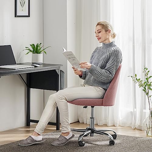 Image of Sweetcrispy Armless Vanity Chair, Cute Comfy Home Office Desk Chair with Wheels, Modern Upholstered Task Computer Seat for Bedroom, Study, Makeup Vanity, Height Adjustable & Swivel Fit, Dusty Pink