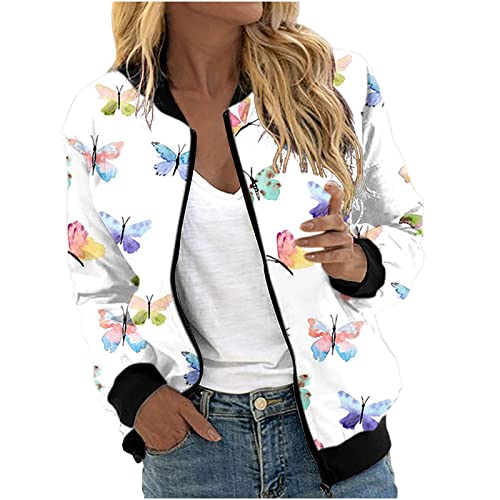 Women's Spring Casual Long Sleeve Floral Printed Baseball Jacket Stand Collar Long Sleeved Zip Up Bomber Jacket Tops #TOP8