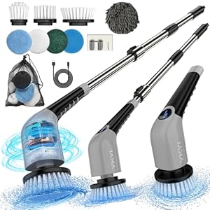Electric Spin Scrubber,Cordless Electric Cleaning Brush,Power Scrubber with 8 Replaceable Brush Heads,3 Adjustable Speeds,Voice Broadcast,Shower Scrubber with Long Handle for Bathtub Tile Floor