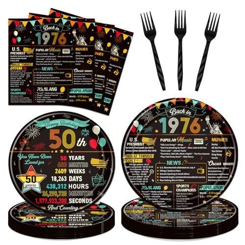 refavor 50th Birthday Plates and Napkins 96PCS Vintage 50th Birthday Party Decorations Supplies for Women Men Back in 1976 Cheers to 50 Years Disposable Tableware Set Serve 24