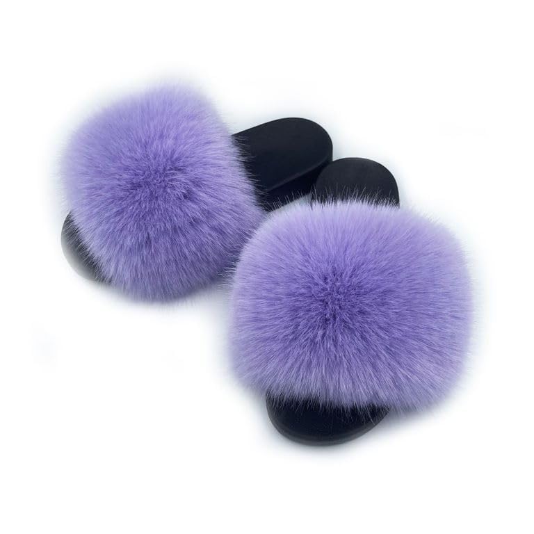 Image of Women's Faux Fur Slides Slippers Fluffy Fuzzy Sandals Open Toe Furry Slide Flip Flop Indoor Outdoor