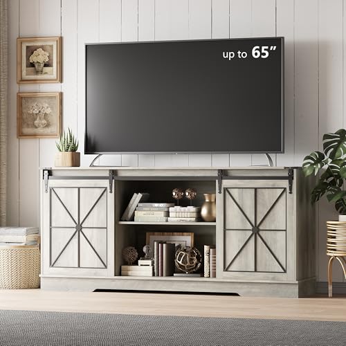 Image of Farmhouse TV Stand for 65 /60 /55 Inch Tvs, Rustic Entertainment Center with Storage Cabinets & Sliding Barn Doors, Modern Media Console Table, Wood Television Furniture for Living Room, Bedroom, Grey