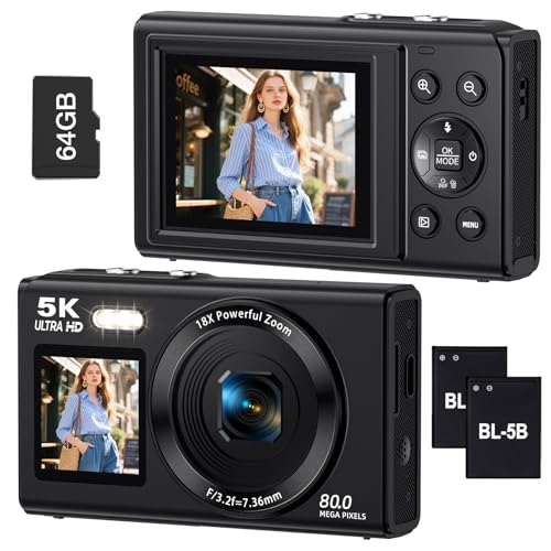 Appareil Photo numérique 5K avec Deux écrans pour vlogging, caméra Wi-FI 80 MP avec écran Avant, Zoom 18x, lumière éclaircissante, avec Carte de 64 Go et 2...