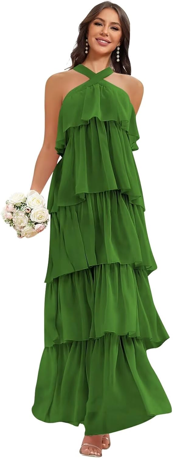 VGZ Halter Chiffon Bridesmaid Dresses for Women Tiered Ruffle Long Formal Evening Gown