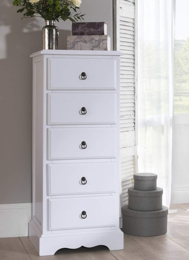 Romance TRUE White 5 Drawer Tallboy, Quality FULLY ASSEMBLED chest of drawers