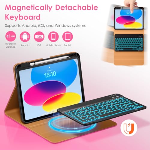 Image of DTTO for iPad 11th (A16) / 10th Generation Case with Keyboard (2025 /2022), 7 Colors Backlit Wireless Detachable Keyboard Leather Folio Cover with Pencil Holder & Pocket, Rose Red