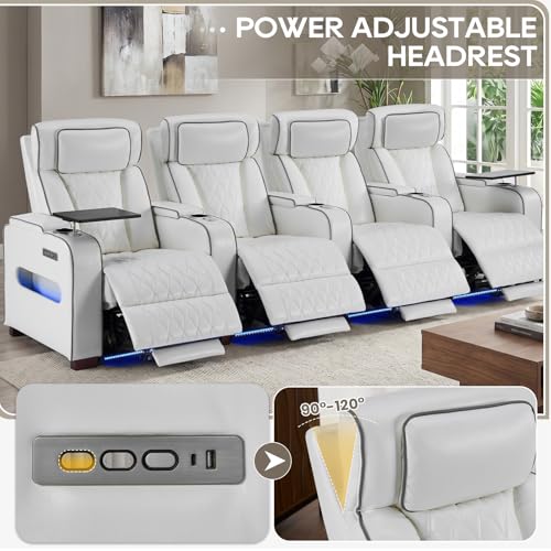 Image of Luxury Home Theater Seating - Power Recliner with Adjustable Headrests, Blue LED Ambient Lighting, Tray Table, USB & Type-C Charging (Pure White,4 Seat)