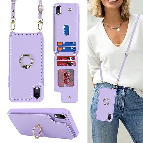 Image of for iPhone XR Case with Card Holder and Strap for Women,Crossbody Lanyard,Kickstand Ring Stand,Snap Clasp,Phone Wallet Cases 6.1 inch(Purple)