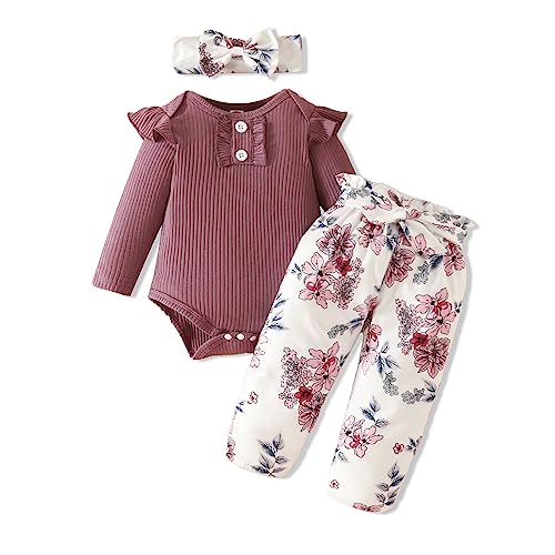 Image of Kislio Newborn Baby Girls Clothes Ribbed Ruffled Romper+Floral Pants+Headband Infant Outfit Set