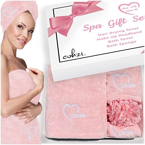 Cohzi Spa Gifts for Women - Microfiber Hair Towel Wrap, Towel, Makeup Headband, Loofah Self Care Gift Set. Gift for Her. Birthday Gifts for Women. Gifts for Girlfriend, Best Friend, Teen Girl, Sister