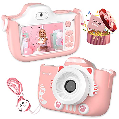 CamOn Digital Kids Camera for Girls - Selfie Camera for Kids Age 3+ with Flash 32 GB - 12 MP Premium Toddler Camera HD 1080P - Perfect Children Birthday Gifts - Pink Toy Photo Video Cameras for Girl