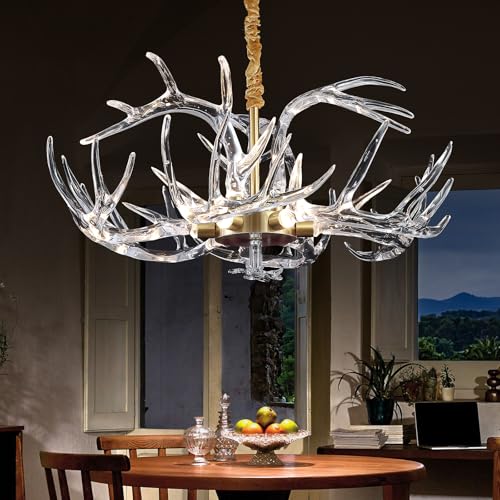RinkBik Acrylic Antler Chandelier Ceiling Light Fixtures, Clear Deer Chandelier Lighting, Dimmable Deer Horn Pendant Light Curved Antler & Gold 29.9" Single Tier 9 Lights