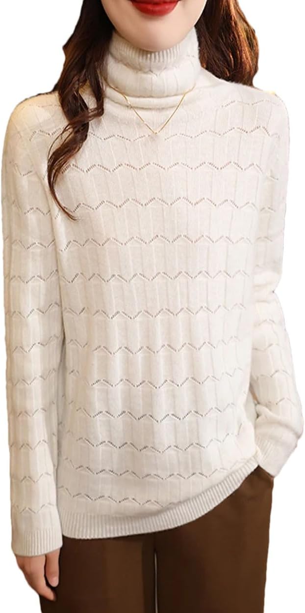 Women's 100% Wool Pullover Sweater Turtleneck Long Sleeve Hollow-Out Jumper Winter Thicked Warm Tops
