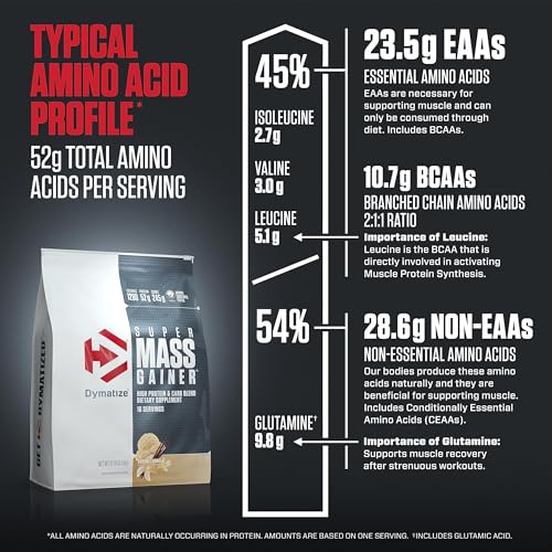 Image of Dymatize Super Mass Gainer Protein Powder, Gourmet Vanilla, 52g Protein, 1g Creatine, 1280 Calories, 10.7g BCAAs, 245g Carbs, Contains Whey Protein, Isolate, and Casein (16 Servings) (Pack of 2)