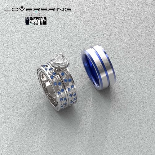 Couple Ring Bridal Set His Hers Women 10kt White Gold Filled Heart Moissanite Men Titanium Wedding Ring Band Set2