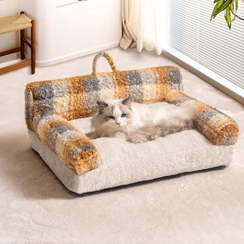 Lepark Cat Couch for Indoor Cats, Cozy Dog Sofa with Removable and Machine Washable Cover, Plush Fluffy Bed for Small Medium Cats Dogs Lounging & Napping(Yellow Plaid,30inch) Cover