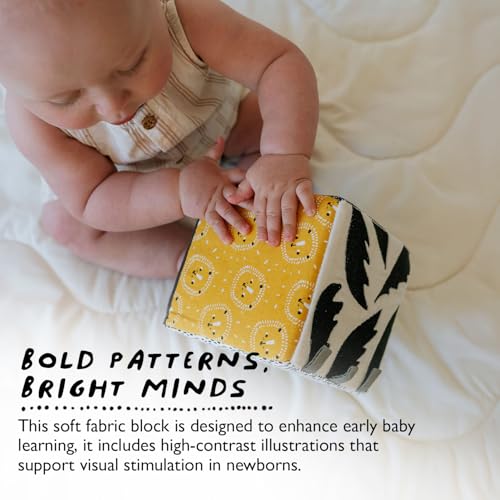 Image of Wee Gallery Soft Block, Baby Sensory Toy with High-Contrast Graphics, Organic Soft Fabric Soft Blocks, Crinkle Flap and Textures, Tummy Time Activity for Babies and Toddlers - Woodland