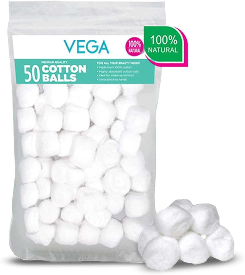 Vega Cotton Balls for Soft & Absorbent for Makeup, Nail Polish Removal, Skincare, Baby Care, First Aid, Soft Cotton Balls, 100% Pure Soft Premium Cotton Balls (50 Pcs, CB-01)