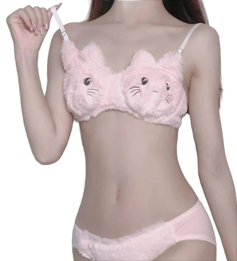 Fitfinesse Plush Cat Far Bra Set, Pink, White Furry Two Piece Cat Face Design-image-22
