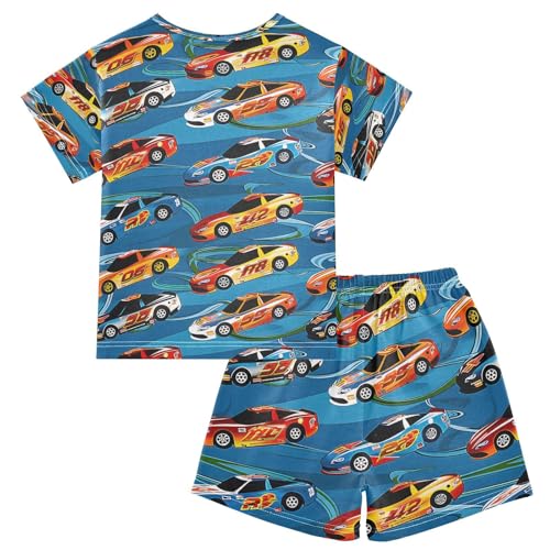 ALAZA Racing Car Blue Pajamas Set Short Sleeve Cotton Sleepwear Summer Pjs 2 Piece 5-14Y2