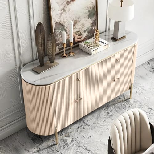 Image of Modern Console Table, 55 x 15 x 30 inch, White Ribbed Design, Marble Top, Gold Accents, 4-Door Storage Cabinet, Waterproof Plywood, PVD-Coated Legs, Elegant Entryway (Ivery)
