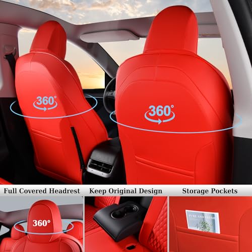 Coverado Car Seat Covers for Tesla Model Y, Car Seat Covers Full Set 5 Seater, Leatherette Car Seat Covers Front Seats and Back Custom for Tesla Model Y 2020 2021 2022 2023 2024 2025 Red - Image 4