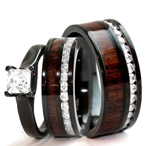 His & Hers Natural Koa Wood CZ 3 pcs Surgical Black Stainless Steel Engagement Wedding Rings set
