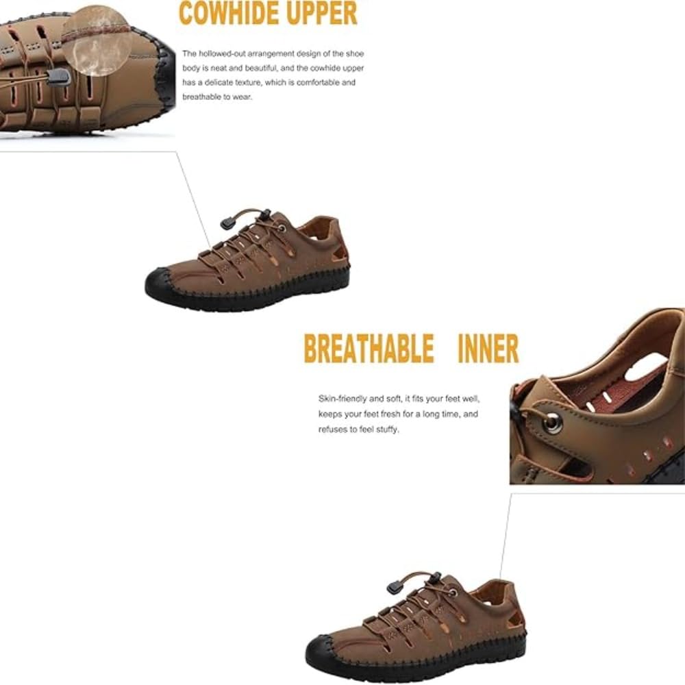 Sandales élégantes à bout fermé pour homme en cuir respirant ajouré style pêcheur été décontracté réglable élastique dentelle antidérapante pour l'extérieur, la randonnée, la plage, la marche