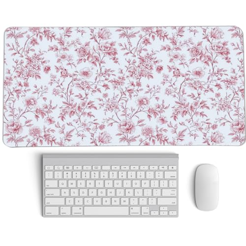 Image of Pink Chinoiserie Mouse Pad,Vintage Pink and White Floral Desk Mat,XL Large Vintage Flowers Preppy Mouse Pad,Girly Laptop Desk Mat for Dorm Home Office,23.6x11.8 Inch