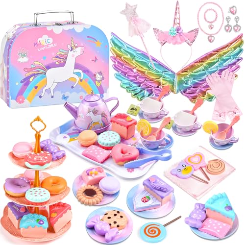 Tea Party Set for Little Girls 63PCS Pretend Play Toys & Unicorn Dress Up