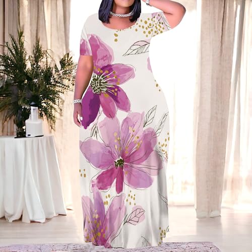 Image of PinkPatty Women's Plus Size Maxi Dresses Short Sleeve Sundress Summer T-Shirt Beach Long Dress with Pockets