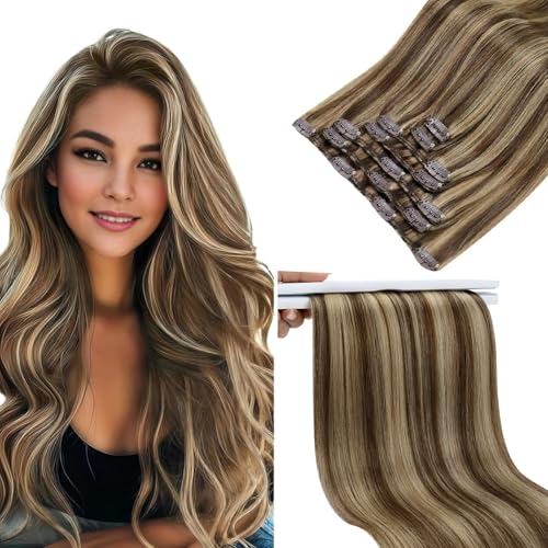 Image of Sunny Hair Clip in Hair Extensions Real Human Hair 18 Inch Caramel Blonde | Highlights Brown Hair Extensions Clip in 135g, Fuller Hair with Defined Ends for Campus Styling with Soft Natural Movement