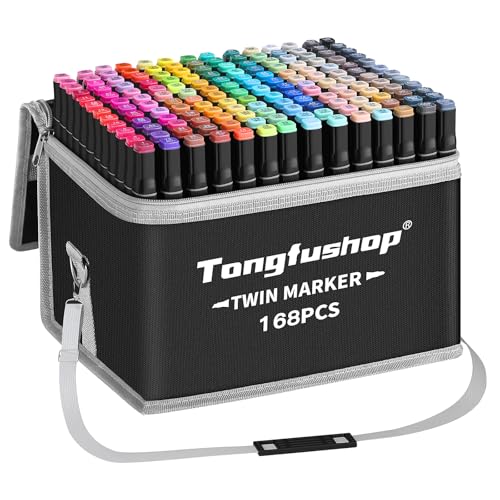 Tongfushop 168+2 Couleurs Feutre a Alcool, Feutres Coloriage Adulte, Marqueurs à Croquis Double Pointe avec Pochette de Transport et Espaceur, Marqueur Permanent pour Animation Art Esquisse