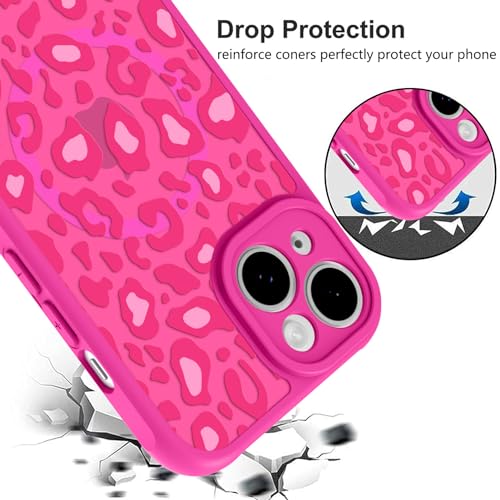 Image of KANGHAR Case for iPhone 15 Plus Hot Pink Leopard Printed Pattern | Cute Cheetah [Compatible with Magsafe] Protective Magnetic Case for Girls Women 6.7 inch