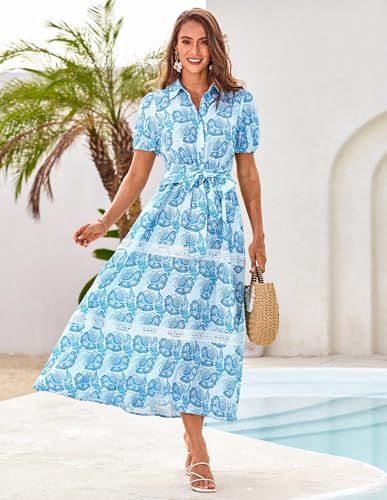 GRACE KARIN Women's 2025 Summer Floral Flowy Dresses Boho Tie Belt Short Puff Sleeve A Line Maxi Shirt Dress with Pocket2