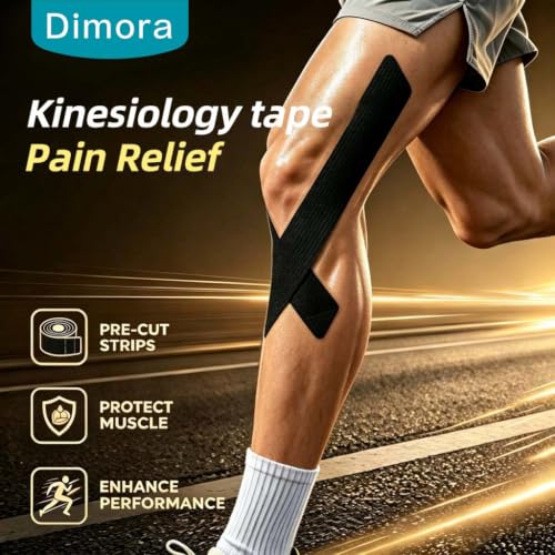 Image of Dimora Kinesiology Tape, 80 Count Precut Strips 4 Rolls, Original Cotton, 10 inch Elastic Athletic Tape for Muscle Pain Relief and Joint Support, Black