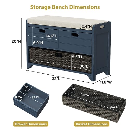 LOVMOR-32-Storage-Bench-for-Entryway-Shoe-Bench-with-Storage-Removable-Basket-and-2-Drawers-Entryway-Bench-with-Shoe-Storage-Entryway-Storage-for-Hallway-Mudroom-and-Living-Room-Navy LOVMOR 32 Storage Bench for Entryway Shoe Bench with Storage Removable Basket and 2 Drawers Entryway Bench with Shoe Storage Entryway Storage for Hallway Mudroom and Living Room Navy