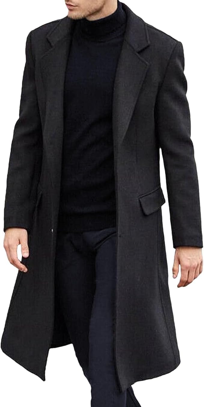 Mens Slim Casual Trench Coat Fashion Business Notched Collar Long Jacket Single Breasted Warm Overcoat with Pocket