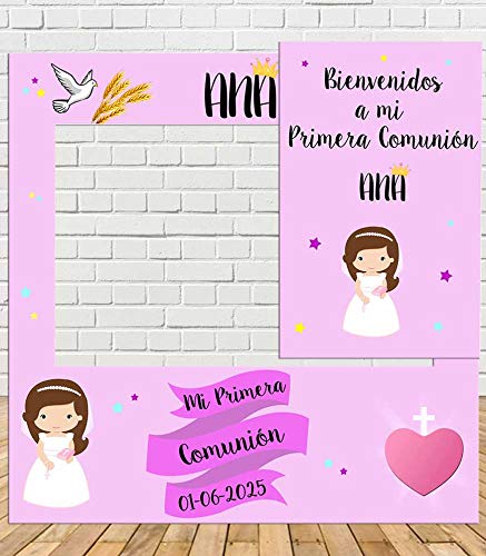 Tu Fiesta Mola Mazo Photocall y Cartel de Comunión Niña Rosa 100x100cm | Detalles Comunión | Photocall Económico y Original | Divertidas Fotos con Nuestro photocall de comunión para niñas