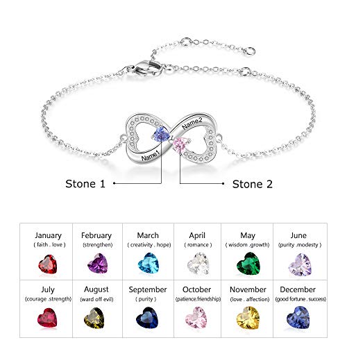Customized Sterling silver Heart infinity bracelet 1-3 birthstones personalized name engraving gift for mom mother sister her, family jewelry2