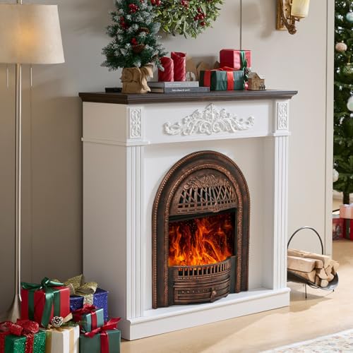 Image of 45 inch Electric Fireplace with Mantel, Farmhouse FreeStanding Electric Fireplace Heater Entertainment Center Wooden TV Stand, 30'' Fireplace Insert Heater for Living Room,Bedroom-Bronze Heater