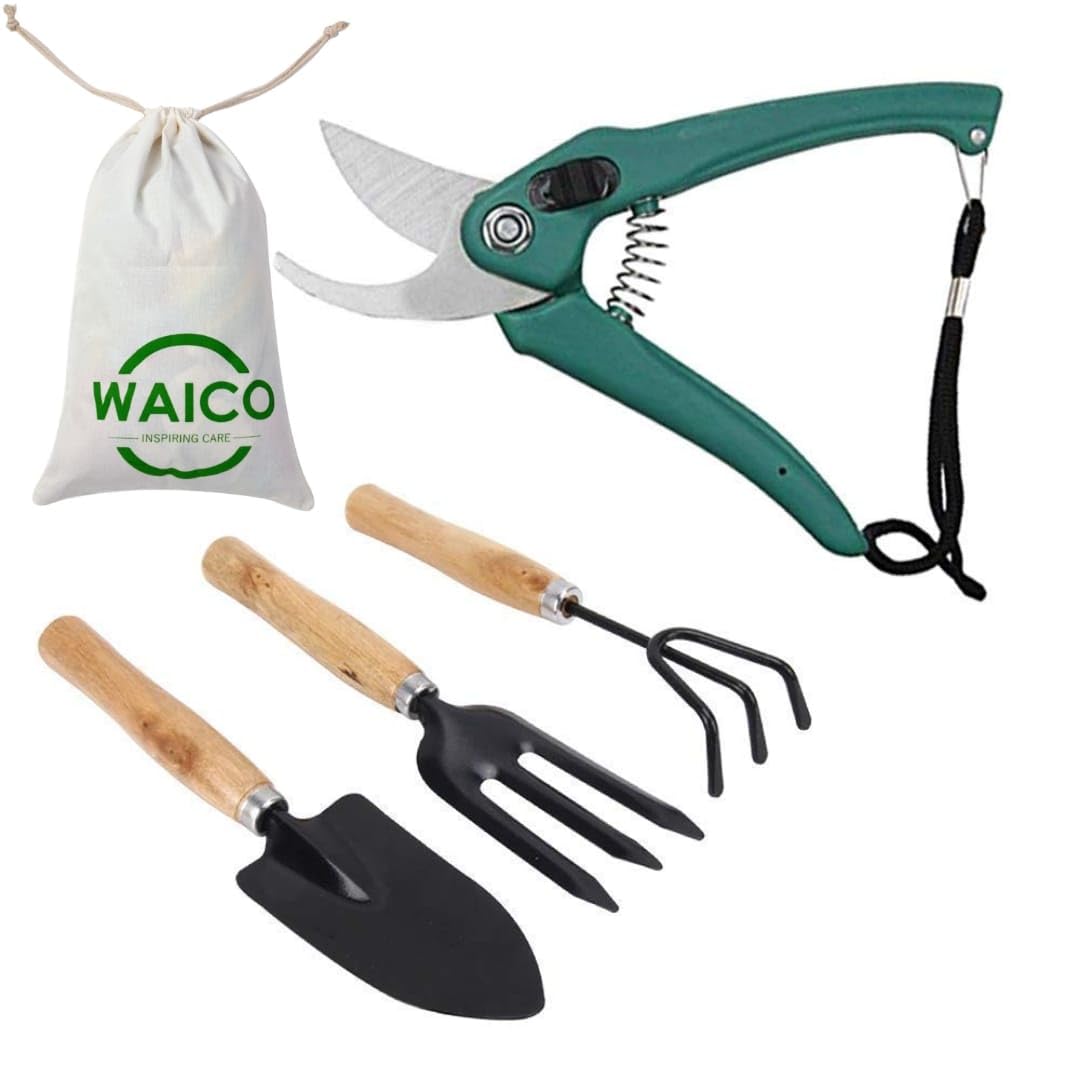 Waico Gardening Tools Set, Garden Tools, (Trowel, Hand Cultivator, Garden Fork, Pruner Cutter,Storage Bag), Home Gardening Tools, Plant Tools for Home Garden