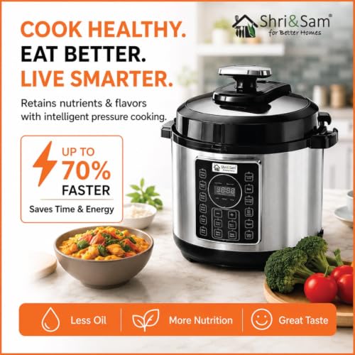 Image of Shri & Sam Stainless Steel Electric Pressure Cooker | Automatic Pressure Cooking | Multi-Cooking Electric Cooker 10 in 1 | Durable & Easy to Clean (5, litres)