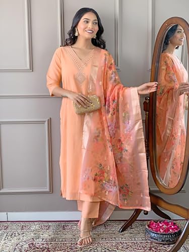 Image of Naixa Women's Viscose Embroidered Straight Kurta with Pant and Dupatta Sets (R-Dolly)