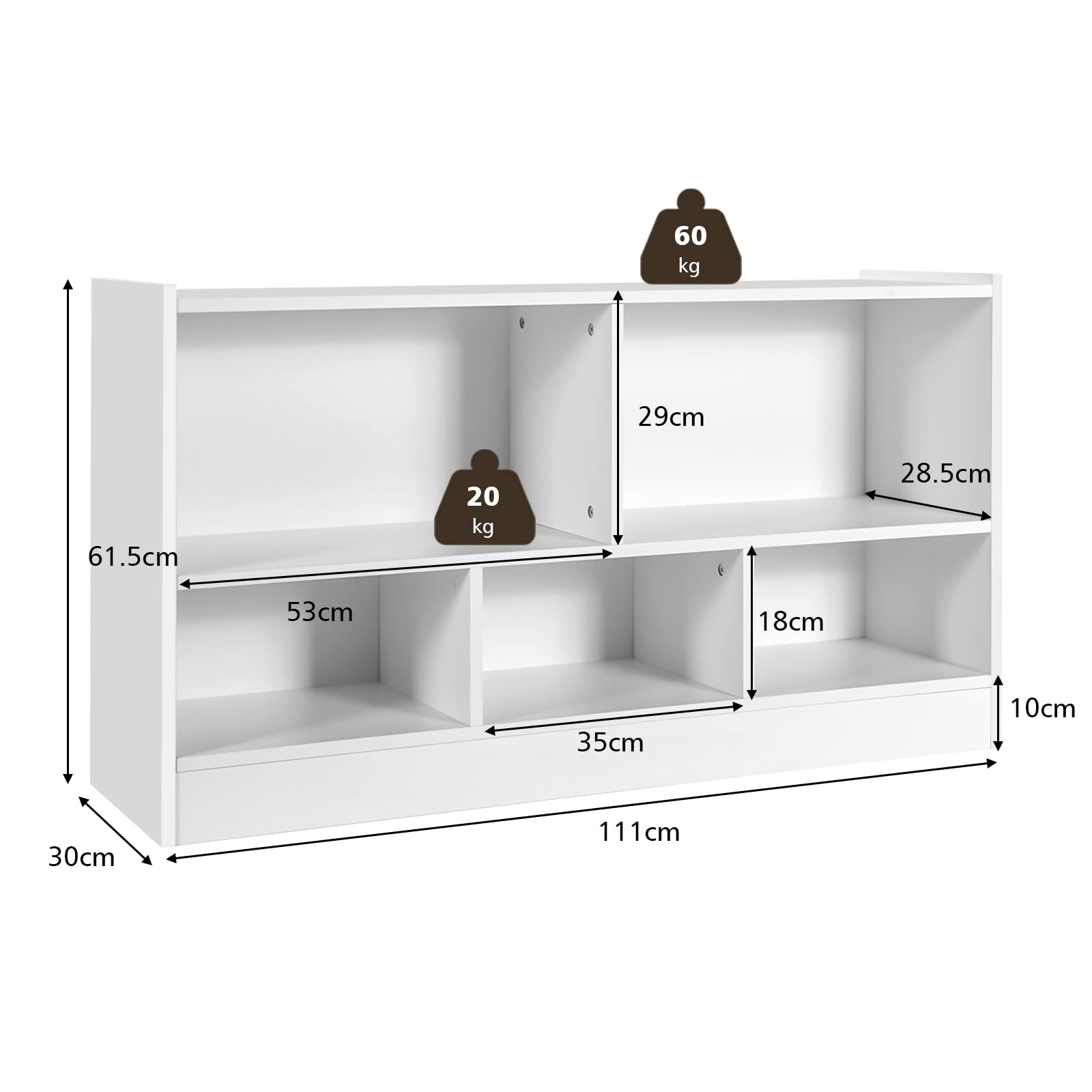 RELAX4LIFE Libreria Scaffale in Legno per Bambini, Portagiochi per Bambini, Scaffale per Cameretta e Asilo Nido, 111 x 30 x 61,5 cm (Bainco)