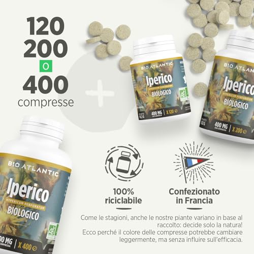 Iperico Bio (Erba di San Giovanni) 400mg - 120 compresse, Polvere di Iperico sommità fiorite : 400mg - Agente di carica : carbonato di magnesio - 5